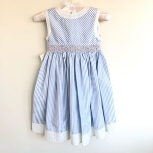 Blue white stripes girls smocked dress,